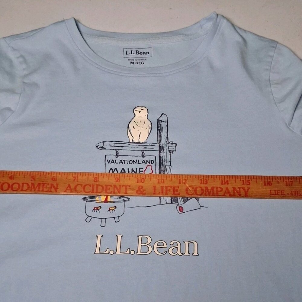 LL Bean Shirt Women Medium Blue Long Slv Vacationland Maine Owl Camping Camp - Picture 5 of 12